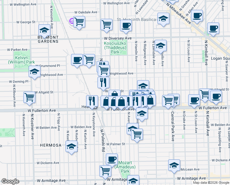 map of restaurants, bars, coffee shops, grocery stores, and more near 3906 West Altgeld Street in Chicago