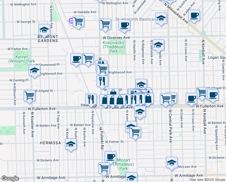 map of restaurants, bars, coffee shops, grocery stores, and more near 3906 West Altgeld Street in Chicago