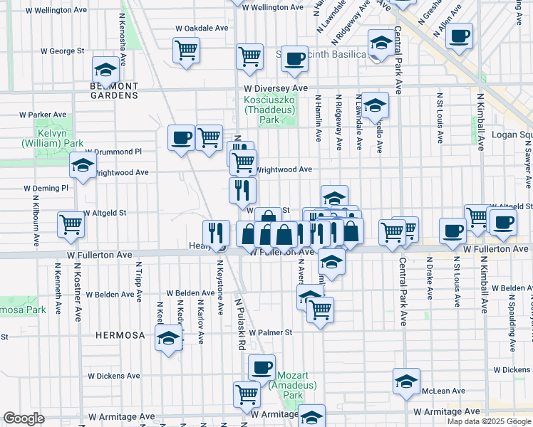 map of restaurants, bars, coffee shops, grocery stores, and more near 3906 West Altgeld Street in Chicago