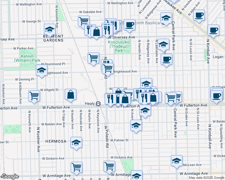 map of restaurants, bars, coffee shops, grocery stores, and more near 2500 North Harding Avenue in Chicago