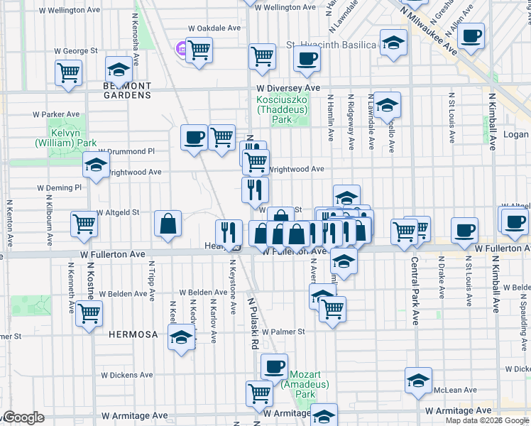 map of restaurants, bars, coffee shops, grocery stores, and more near 2500 North Harding Avenue in Chicago
