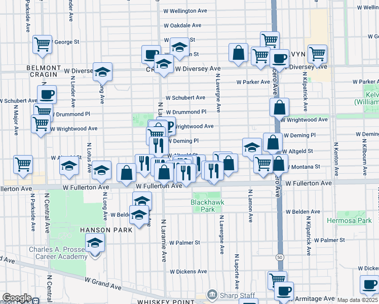 map of restaurants, bars, coffee shops, grocery stores, and more near 5117 West Deming Place in Chicago