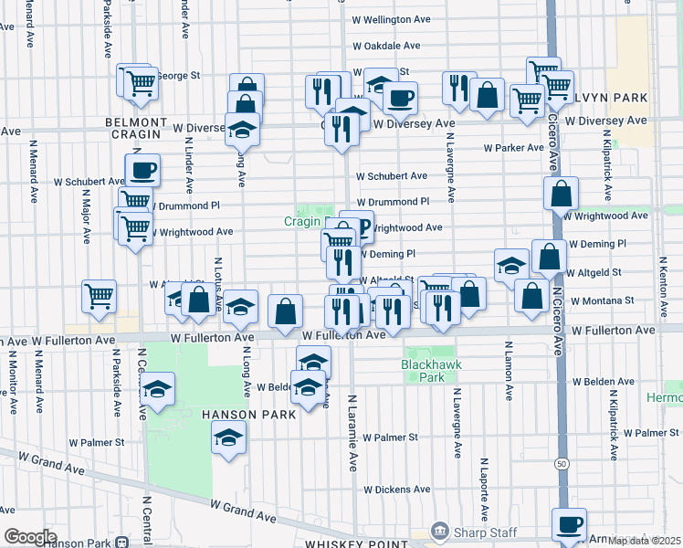 map of restaurants, bars, coffee shops, grocery stores, and more near 2515 North Laramie Avenue in Chicago