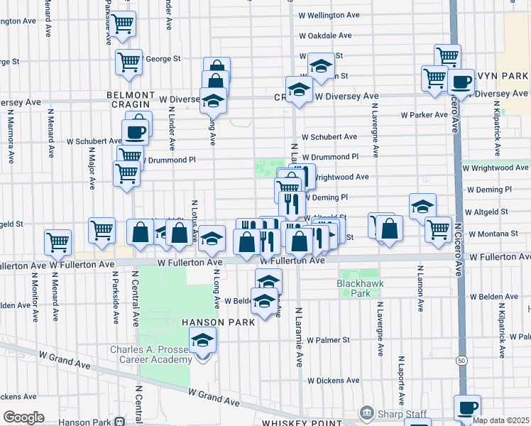 map of restaurants, bars, coffee shops, grocery stores, and more near 5231 West Deming Place in Chicago