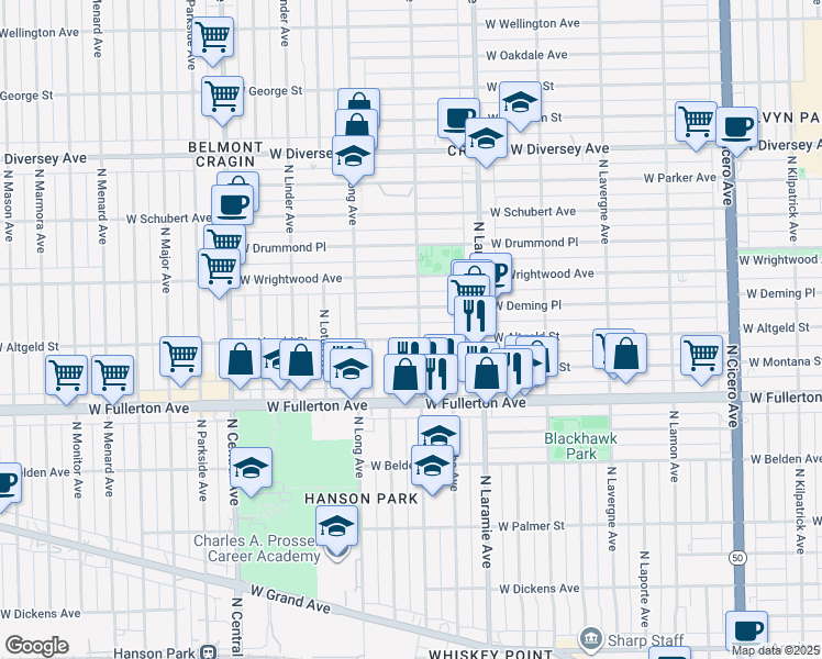 map of restaurants, bars, coffee shops, grocery stores, and more near in Chicago