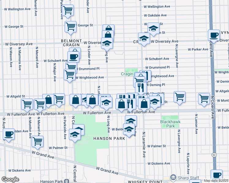 map of restaurants, bars, coffee shops, grocery stores, and more near 5347 West Deming Place in Chicago