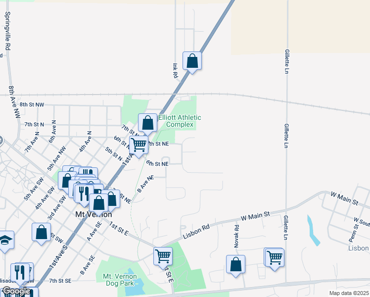 map of restaurants, bars, coffee shops, grocery stores, and more near 6 7th Street North in Mount Vernon