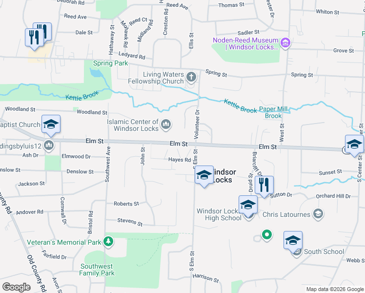 map of restaurants, bars, coffee shops, grocery stores, and more near 322 Elm Street in Windsor Locks