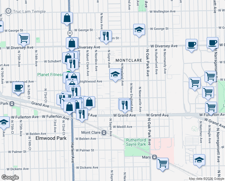 map of restaurants, bars, coffee shops, grocery stores, and more near 2554 North Sayre Avenue in Chicago