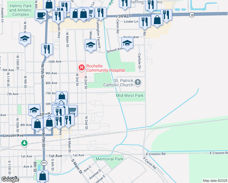 map of restaurants, bars, coffee shops, grocery stores, and more near 101-107 7th Avenue in Rochelle