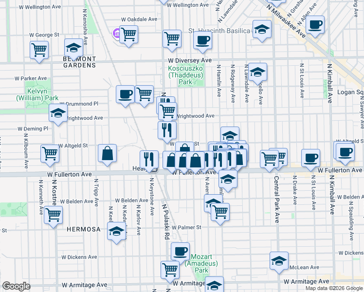 map of restaurants, bars, coffee shops, grocery stores, and more near 2500 North Harding Avenue in Chicago