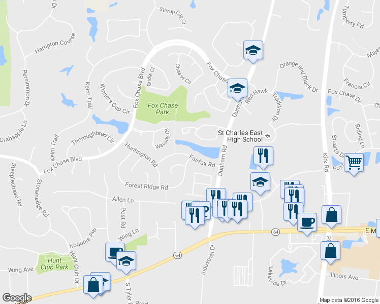map of restaurants, bars, coffee shops, grocery stores, and more near 2130 Fairfax Road in St. Charles