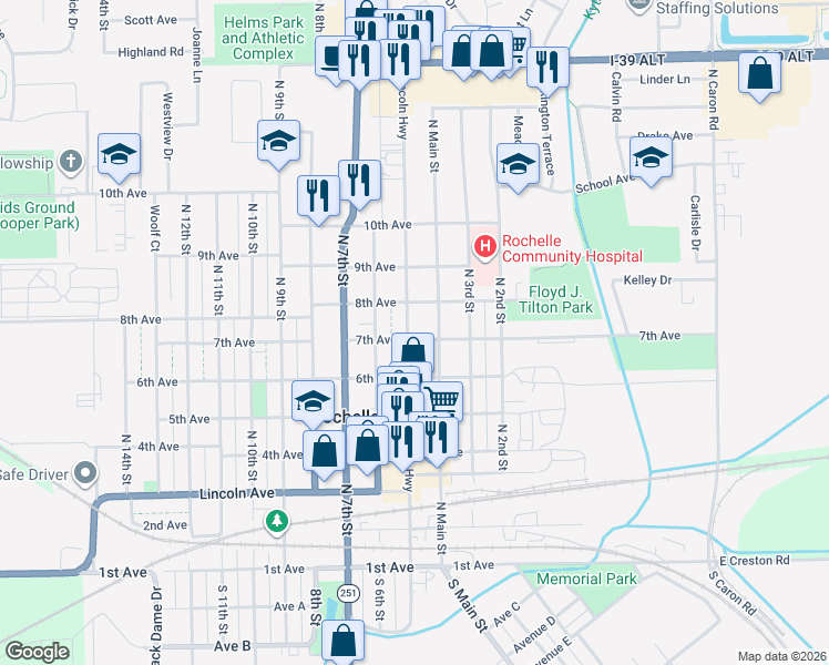 map of restaurants, bars, coffee shops, grocery stores, and more near 710 North Main Street in Rochelle