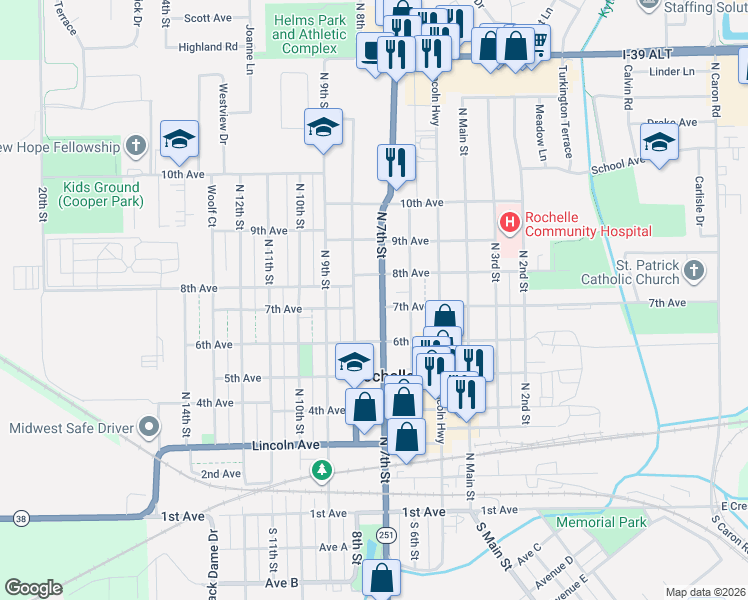 map of restaurants, bars, coffee shops, grocery stores, and more near 619 7th Avenue in Rochelle