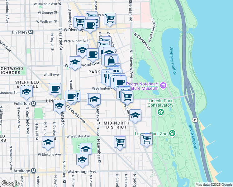 map of restaurants, bars, coffee shops, grocery stores, and more near 2424 North Clark Street in Chicago