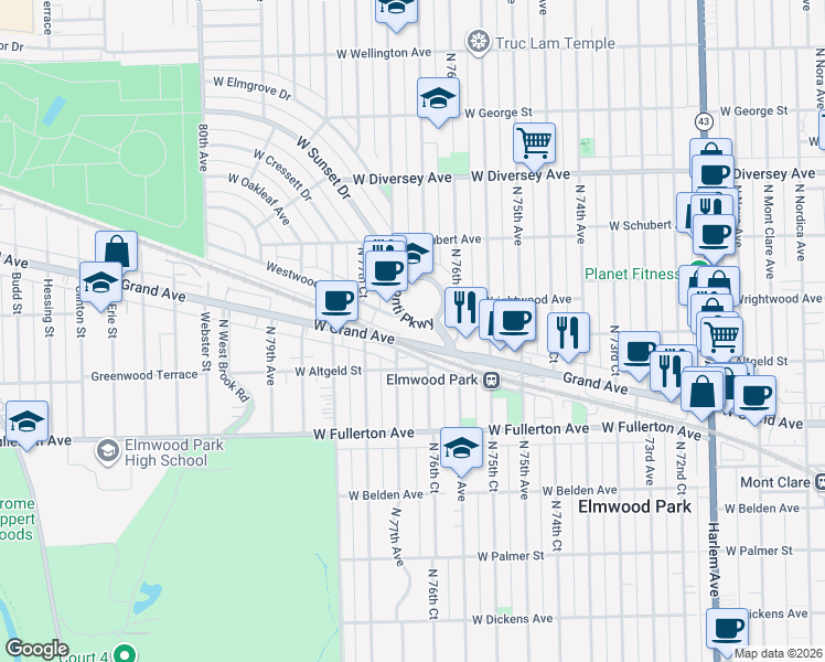 map of restaurants, bars, coffee shops, grocery stores, and more near 7 Conti Parkway in Elmwood Park