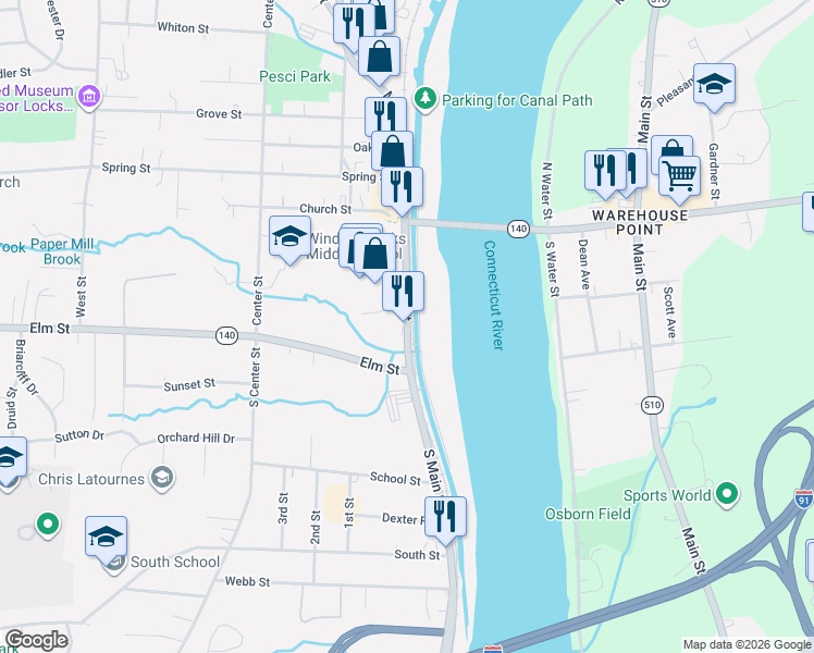 map of restaurants, bars, coffee shops, grocery stores, and more near Main Street in Windsor Locks