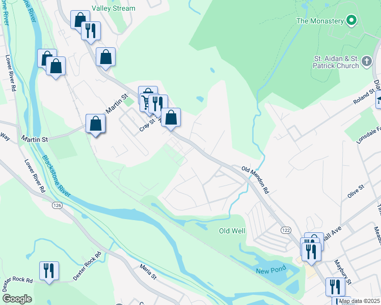 map of restaurants, bars, coffee shops, grocery stores, and more near 19 Hunt Street in Cumberland