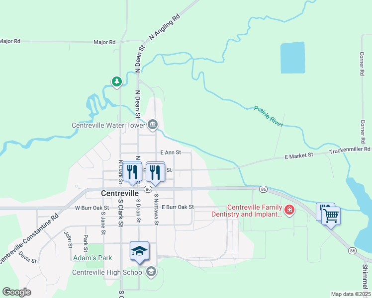 map of restaurants, bars, coffee shops, grocery stores, and more near 329 East Ann Street in Centreville
