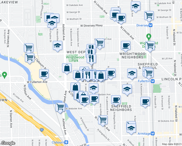 map of restaurants, bars, coffee shops, grocery stores, and more near 2434 North Southport Avenue in Chicago