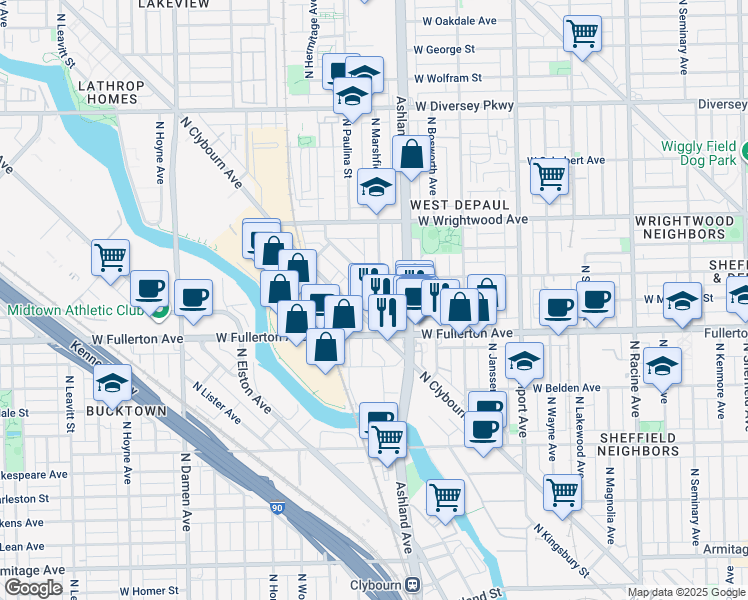 map of restaurants, bars, coffee shops, grocery stores, and more near 2430 North Marshfield Avenue in Chicago