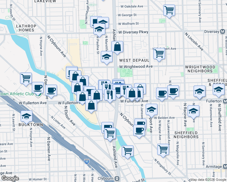 map of restaurants, bars, coffee shops, grocery stores, and more near 2439 North Marshfield Avenue in Chicago