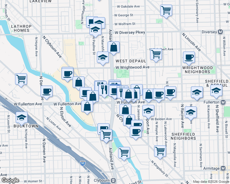 map of restaurants, bars, coffee shops, grocery stores, and more near 2437 North Ashland Avenue in Chicago