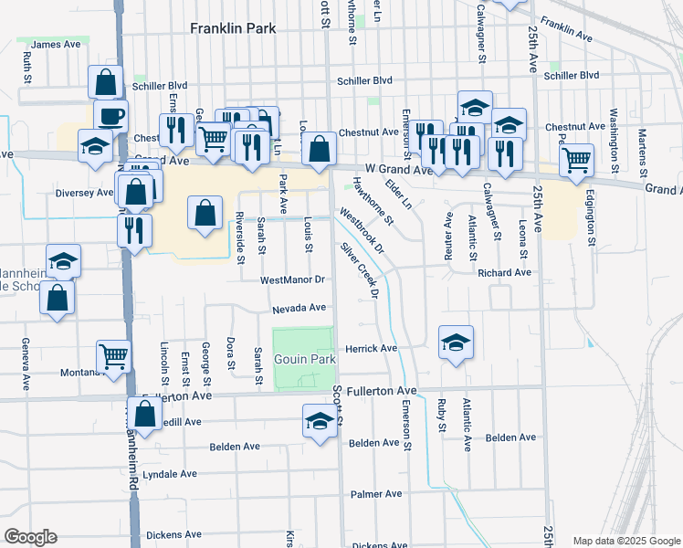 map of restaurants, bars, coffee shops, grocery stores, and more near 2625 Scott Street in Franklin Park