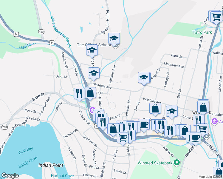 map of restaurants, bars, coffee shops, grocery stores, and more near 64 Hinsdale Avenue in Winchester