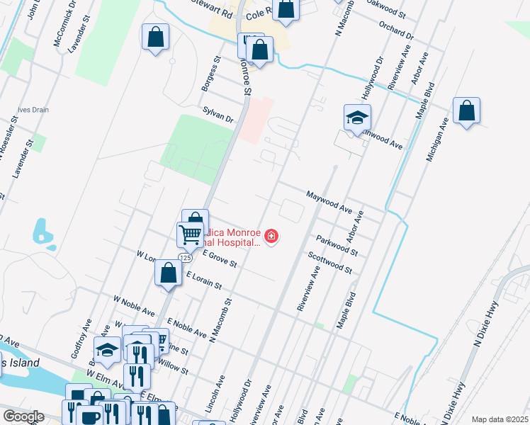 map of restaurants, bars, coffee shops, grocery stores, and more near North Macomb Street in Monroe