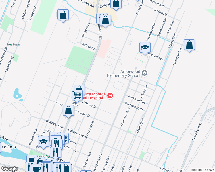 map of restaurants, bars, coffee shops, grocery stores, and more near North Macomb Street in Monroe