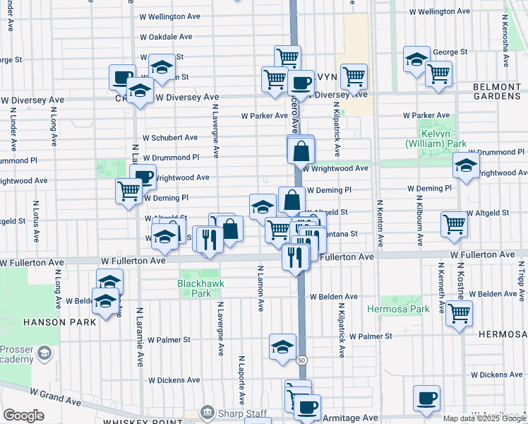 map of restaurants, bars, coffee shops, grocery stores, and more near 4852 West Altgeld Street in Chicago