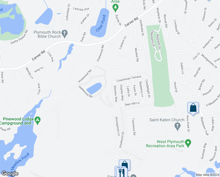 map of restaurants, bars, coffee shops, grocery stores, and more near 28 Stevens Way in Plymouth