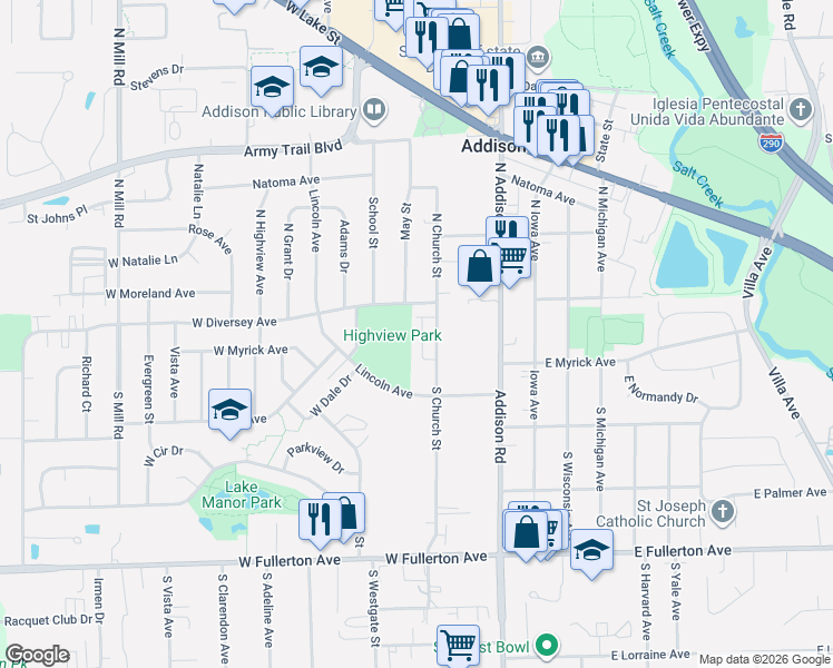 map of restaurants, bars, coffee shops, grocery stores, and more near 59 Ruga Court in Addison