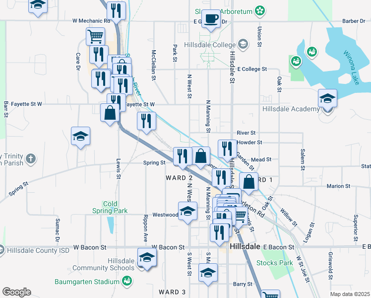 map of restaurants, bars, coffee shops, grocery stores, and more near 4 Spring Street in Hillsdale