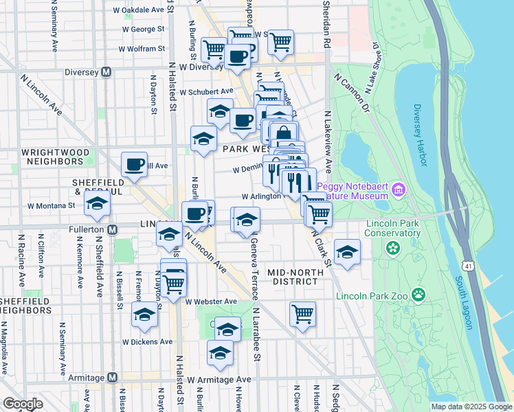 map of restaurants, bars, coffee shops, grocery stores, and more near 559 West Arlington Place in Chicago