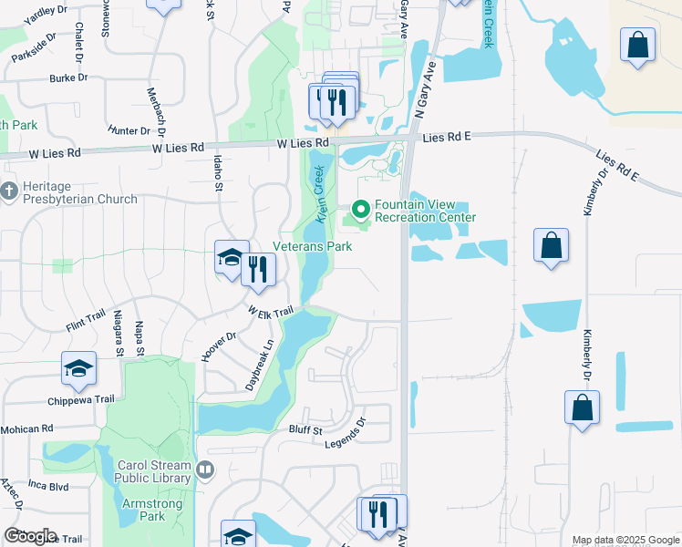 map of restaurants, bars, coffee shops, grocery stores, and more near 111 West Elk Trail in Carol Stream
