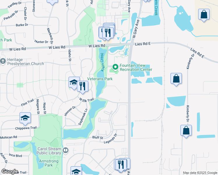 map of restaurants, bars, coffee shops, grocery stores, and more near 155 West Elk Trail in Carol Stream