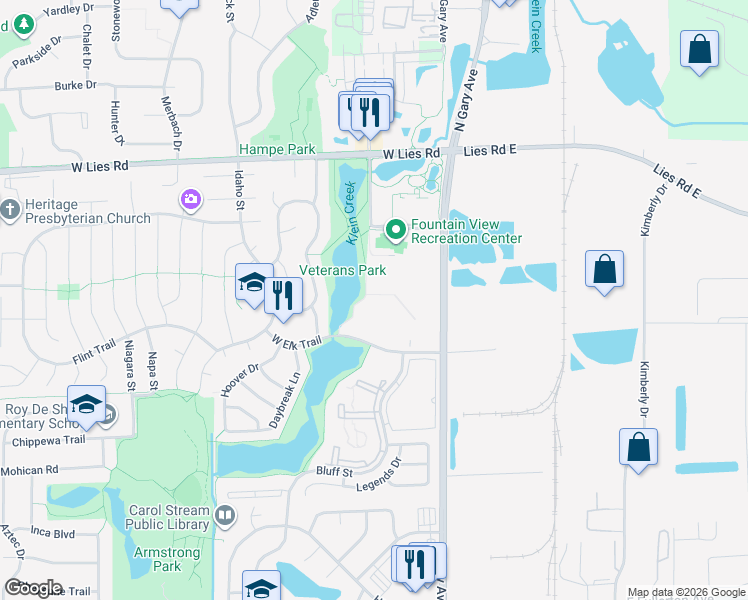 map of restaurants, bars, coffee shops, grocery stores, and more near 147 West Elk Trail in Carol Stream
