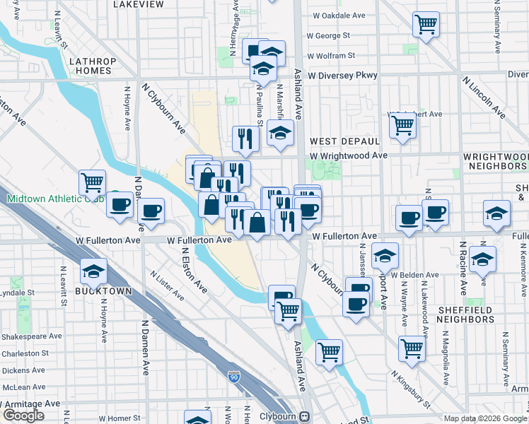 map of restaurants, bars, coffee shops, grocery stores, and more near 2449 North Clybourn Avenue in Chicago