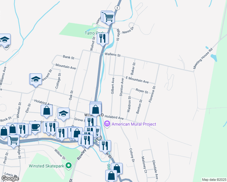 map of restaurants, bars, coffee shops, grocery stores, and more near 205 Gilbert Avenue in Winsted