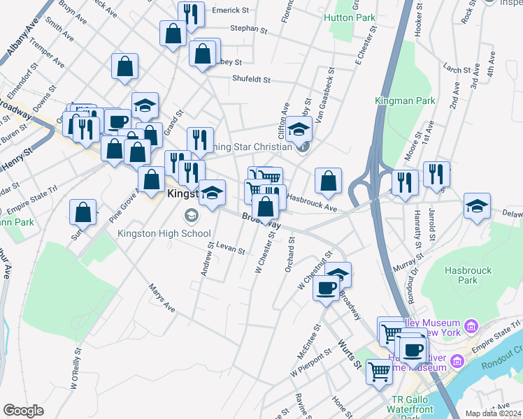 map of restaurants, bars, coffee shops, grocery stores, and more near 27 Jansen Avenue in Kingston