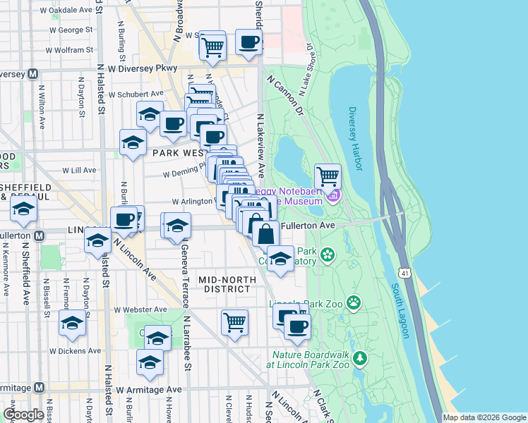 map of restaurants, bars, coffee shops, grocery stores, and more near 2430 North Lakeview Avenue in Chicago