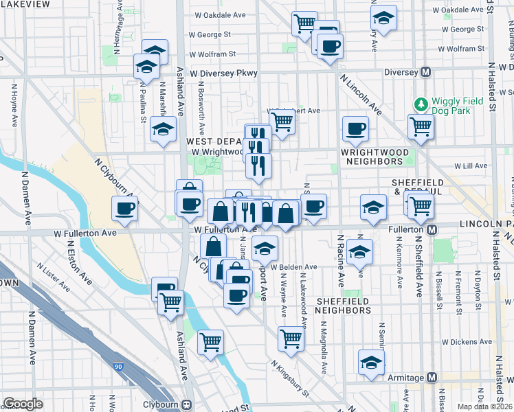 map of restaurants, bars, coffee shops, grocery stores, and more near 2447 North Southport Avenue in Chicago