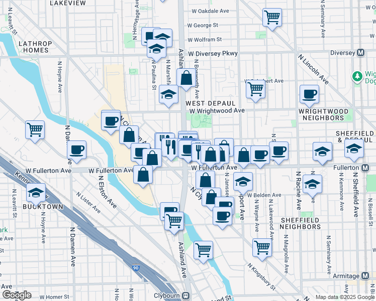 map of restaurants, bars, coffee shops, grocery stores, and more near 2419 North Ashland Avenue in Chicago