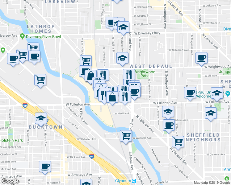 map of restaurants, bars, coffee shops, grocery stores, and more near 2449 North Clybourn Avenue in Chicago