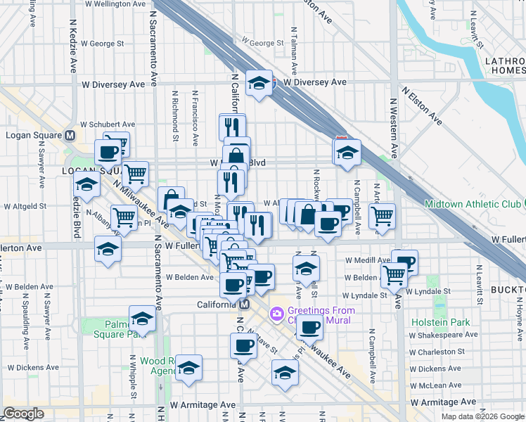 map of restaurants, bars, coffee shops, grocery stores, and more near 2457 North Fairfield Avenue in Chicago