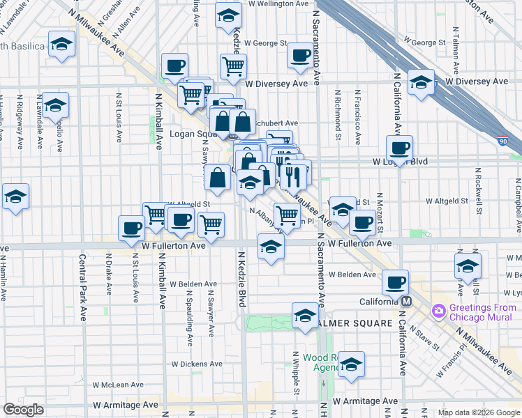 map of restaurants, bars, coffee shops, grocery stores, and more near 2451 North Kedzie Avenue in Chicago