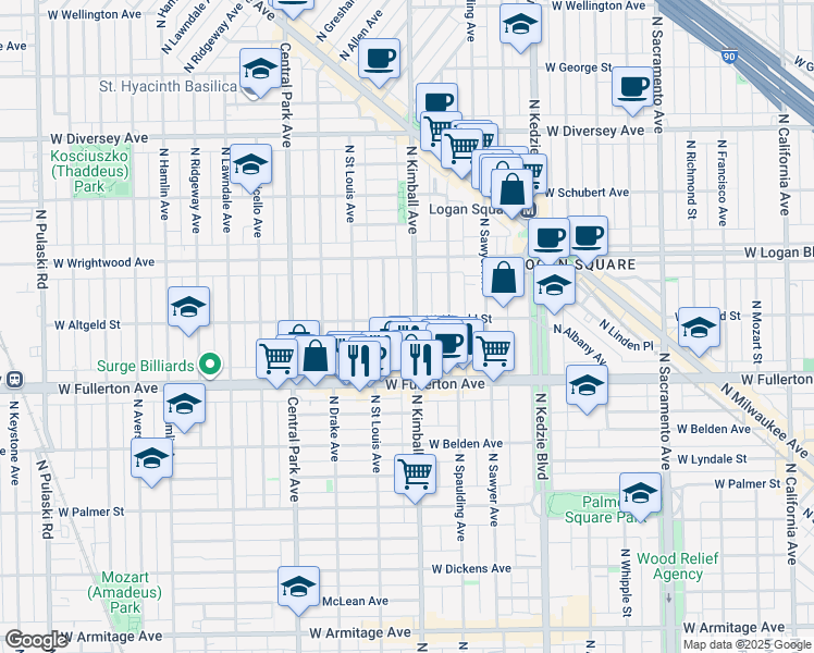 map of restaurants, bars, coffee shops, grocery stores, and more near 2456 North Kimball Avenue in Chicago