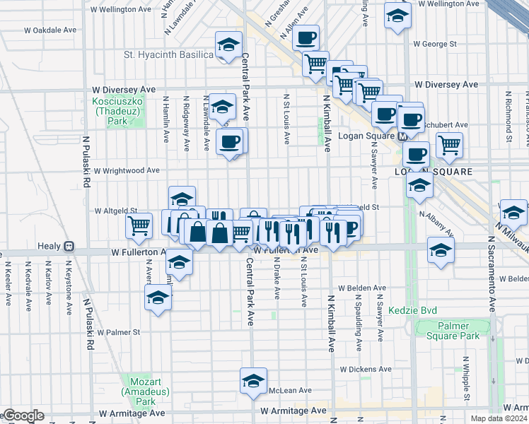 map of restaurants, bars, coffee shops, grocery stores, and more near 3518 West Altgeld Street in Chicago